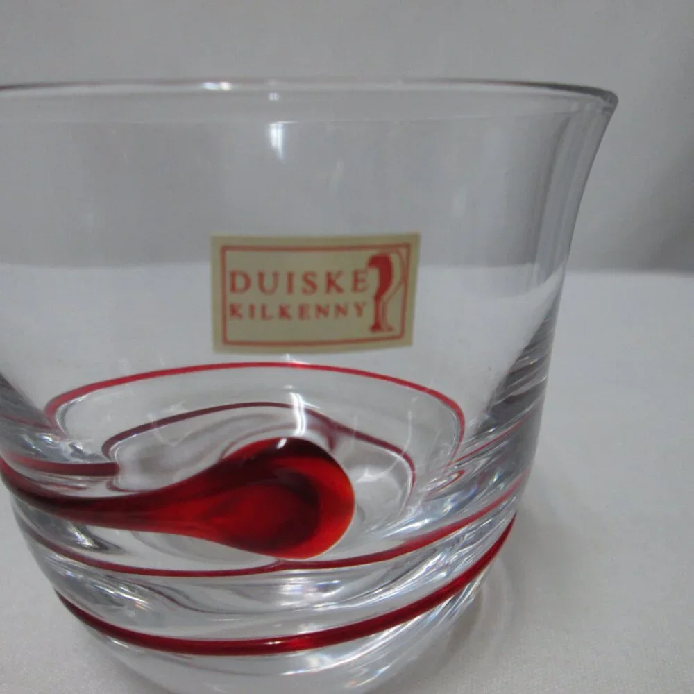 Duiske Kilkenny Irish hand cut glass red swirl votive candle holders Set 2 NEW